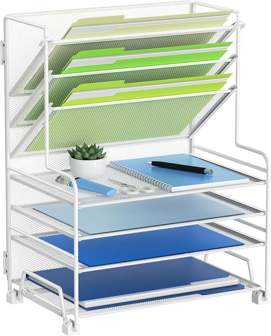 MINDEPOT 4-Tier Paper Organizer + 3-Pocket File Holder + Drawer + Pen Holders, Desktop File Organizers Paper Tray for Office Supplies School Classroom Organization (White, no Drawer & Pen Holder)