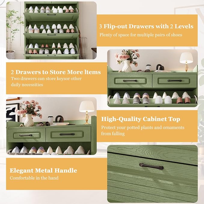 ODUWA Shoe Cabinet with 3 Flip Drawers and 2 Storage Drawers, Shoes Organizer Cabinets with Adjustable Divider, Hidden Shoe Rack Shoe Storage Cabinet for Entryway, Hallway, Green