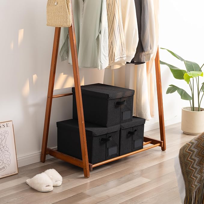 GRANNY SAYS Storage Bins with Lids, Storage Bins for Linen Closet Shelves, Decorative Storage Boxes with Label, Clothes Storage and Organization for Organizing, 3-Pack, Large, Black