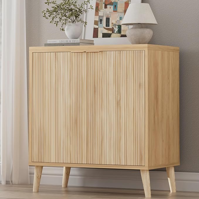 Homleke Fluted Buffet Cabinet with Storage, Modern Sideboard Cabinet | Double Doors, Adjustable Shelf, Accent Buffet Table for Kitchen, Dining Room, Living Room, Entryway & Hallway, Natural