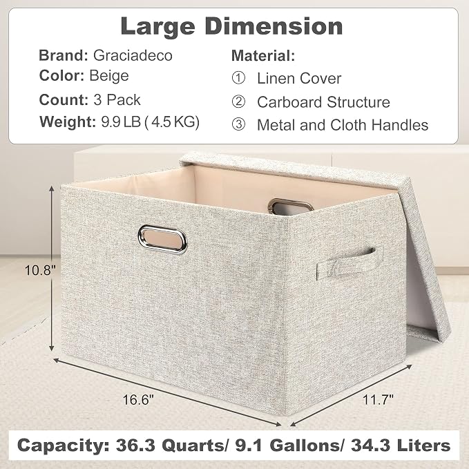 Graciadeco Large Quart Collapsible Stackable Storage Bins with Lids, 3 Packs Beige Linen Fabric Closet Boxes with Lids, Storage Cube Baskets Container Organizers for Bedroom Office(16.6 x 11.7 x 10.8) | 36 Quart 3 Pack Beige Collapsible Stackable Linen...