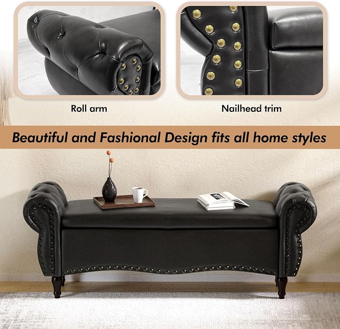 ZZW Storage Ottoman Bench, 51" Length Upholstered End of Bed Storage Bench for Bedroom with Safety Hinge, Tufted Bed Benches with Rolled Arm and Nailhead Trim for Living Room, Entryway Black