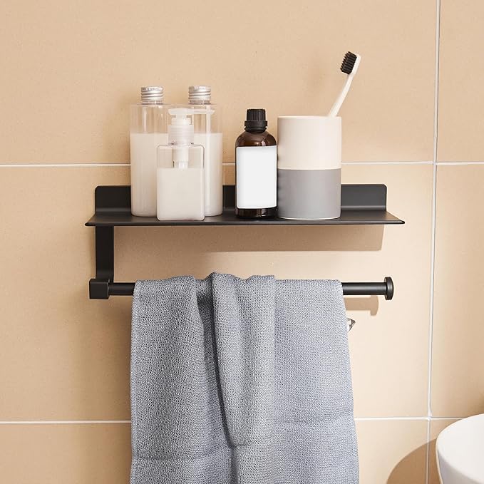 Hand Towel Holder for Bathroom -Paper Towel Holder Wall Mount - for Bathroom Black Paper Towel Holder with Shelf -Kitchen Towel Holder Black