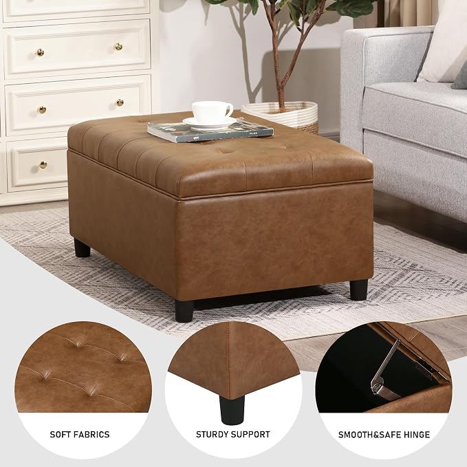 Joveco Rectangular Lift Top Storage Ottoman Bench, Faux Leather Storage Bench for Living Room Entryway Bedroom, Ochre Yellow