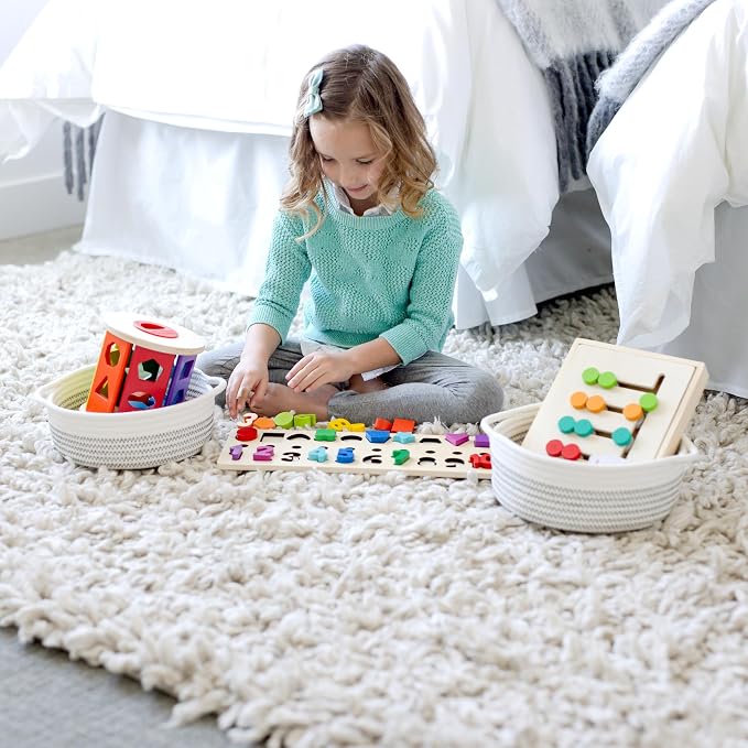 NaturalCozy 5-Piece Round Woven Cotton Rope Storage Baskets for Organizing, Small Shallow Nesting Set for Montessori Toys, Entryway Catchall, Fruit Bowl, Key Tray, Remote Holder, Nursery & Pet Toys