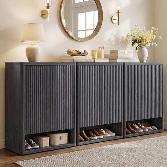 SICOTAS Shoe Cabinet 44 inch Tall Fluted Shoe Cabinet with Doors & 4 Shelves Wooden Large Hidden Shoe Storage Organizer Modern Free Standing 6-Tier Cabinet for Entryway Living Room Closet
