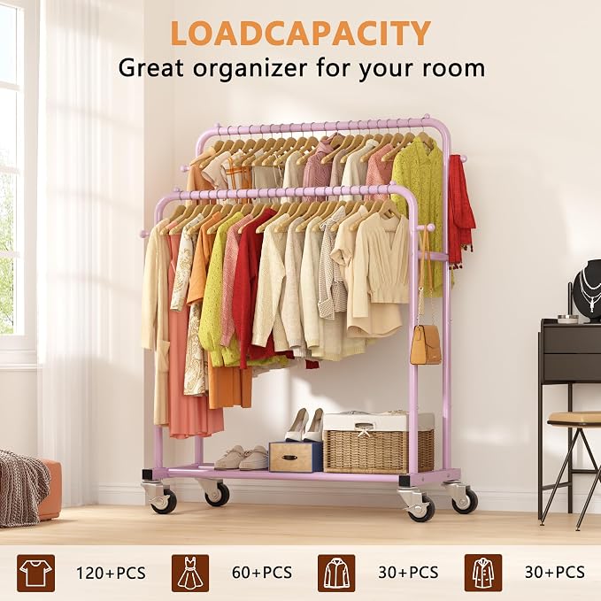 Laiensia Double Rods Garment Rack with Wheels, Clothing Rack for Hanging Clothes,4 Hooks, Multi-Functional Bedroom Clothes Rack, Pink