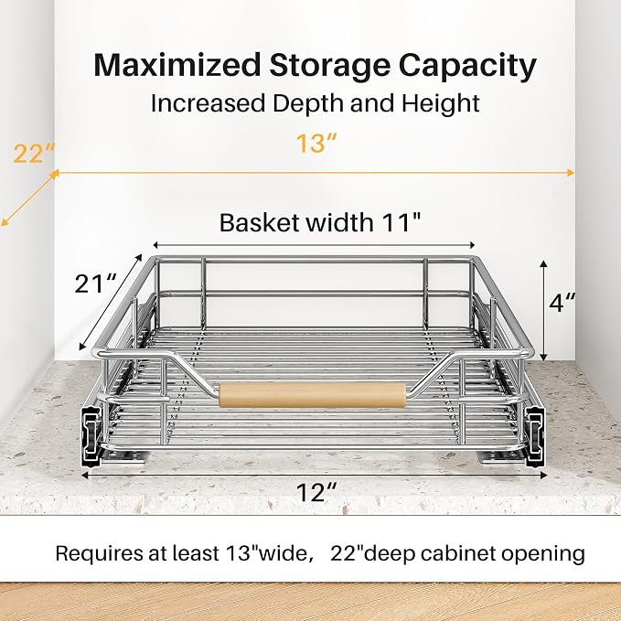 Pull out Cabinet Organizer, 12"W X 21"D, Heavy Duty Smooth Sliding Under Cabinet Shelves for Pots and Pans, Full-Extension Roll out Drawers, Slide out Organization for Home Kitchen Pantry