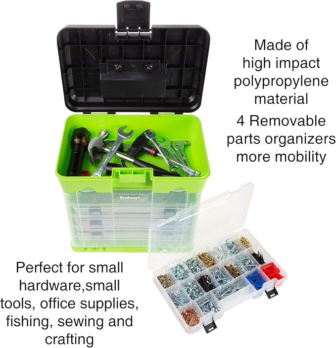 Portable Tool Box - Small Parts Organizer with Drawers and Customizable Compartments for Hardware, Fishing Tackle, Beads or Crafts by Stalwart (Green)