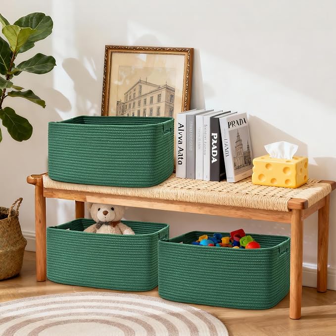 2 Pack Large Storage Basket for Organizing, 17.5"x13"x7" Woven Basket for Shelves, Closet Cube Storage Bins with Wrapped Handle, Cotton Rope Baskets for Kitchen, Clothes, Toys(Green)