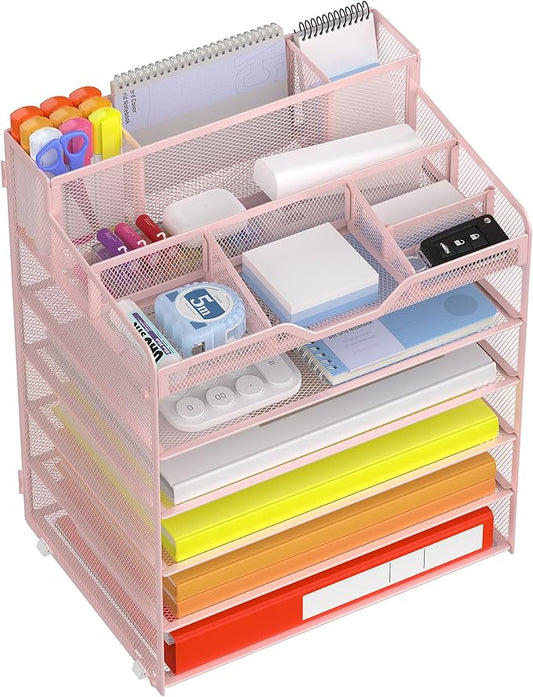Docnest 6 Tier Mesh Desk Organizer with Letter Tray & Paper Sorter, Pink | Features 3 built-in pen holders & 5 adjustable compartments on top. Includes 4 non-slip rubber feet for desk protection
