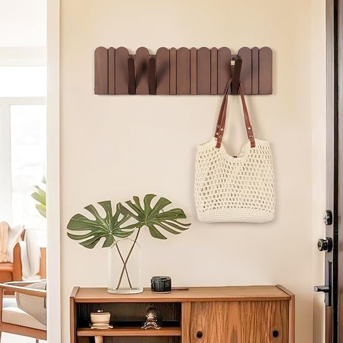 Wall Coat Rack for Entryway: Folding Wood Modern Heavy Duty 8 Hooks | 21.6'' Wall Mounted for Mid Century Home Decor Bathroom Bedroom Hallway for Hanging Towel Jacket Backpack Bag