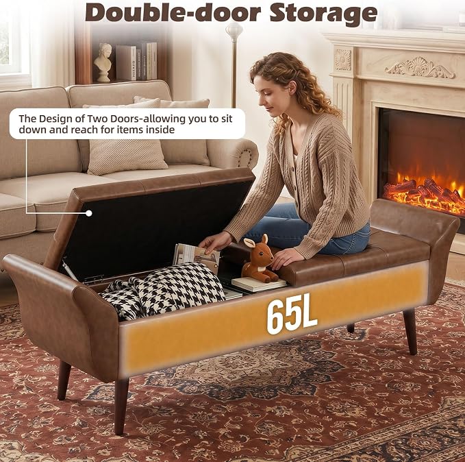 Storage Ottoman Bench 64’’ Leather End of Bed Bench Easy-to-Assemble