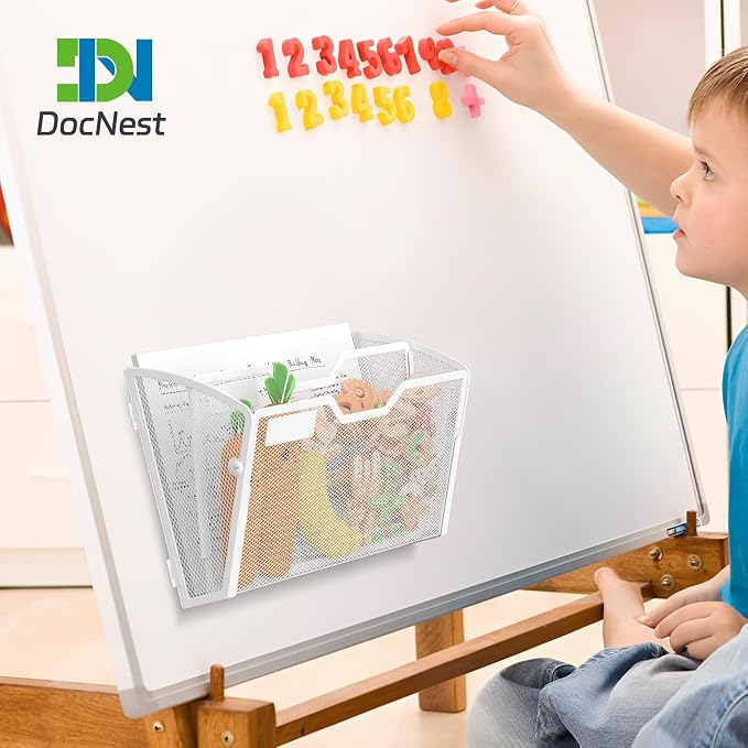 Docnest 3 Pack 2 Tier Dual-Mount Magnetic Mesh File Holders, Wall Organizer | Mount magnets or screws. 2-in-1 hanging mesh mail letter organizer with hooks for office and home clutter