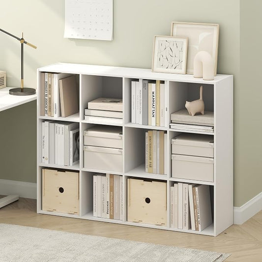 Furinno PELLI Book Shelf, 12-Cube Bookshelf, Cube Storage Organizer Bookcase, 11.7 x 47.6 x 36, for Living Room, Bedroom, Home Office, White