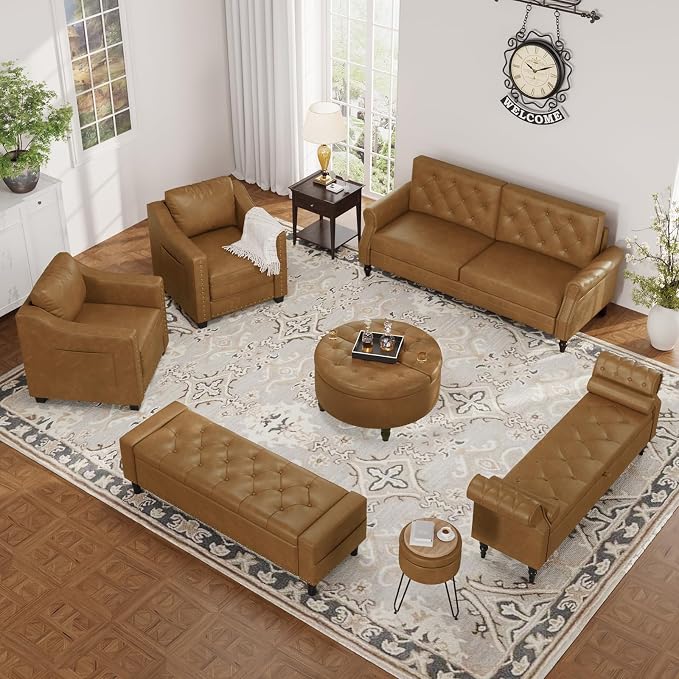 60" Storage Ottoman Bench, Faux Leather Upholstered Bed Bench with Tufted Buttons and Nailhead Trim, Large Ottoman with Storage for King Size End of Bed, Bedroom, Entryway, Hallway (Camel)