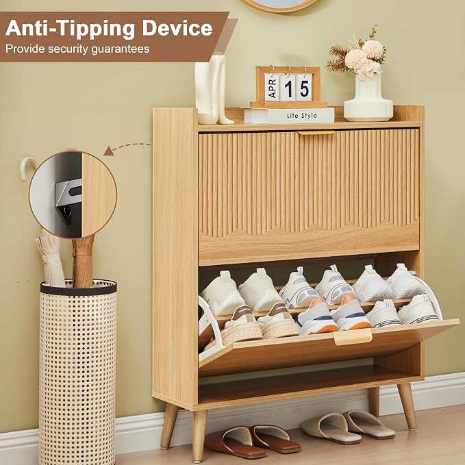 BERRYMERRY 30" Narrow Shoe Storage Cabinet with 2 Flip Drawers Natural | narrow,entryway,20 pairs shoe,shoe organize,hidden shoe rack,fluted panel,wave pattern,wood,space saving