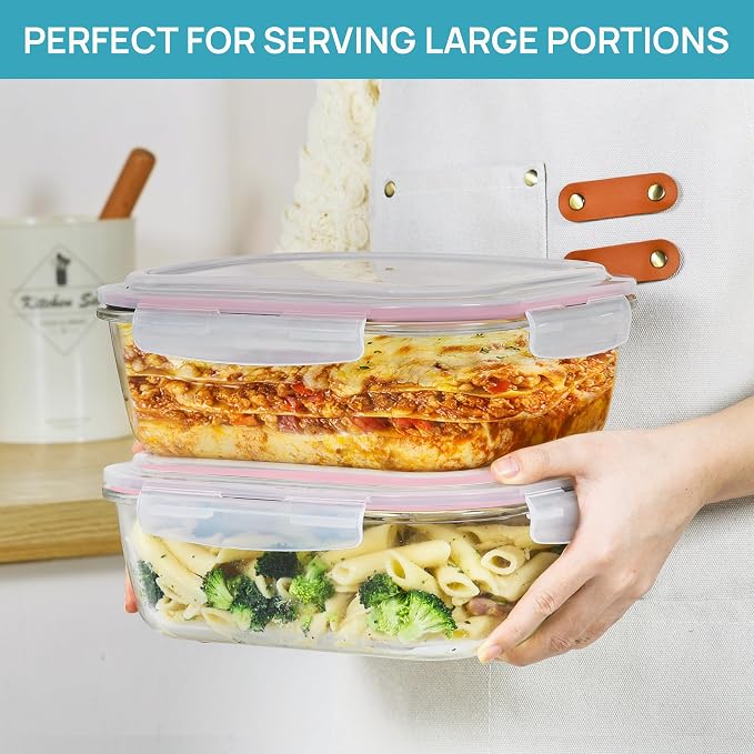 Vtopmart 2Pack 2260ml/76.4oz Extra Large Glass Storage Containers, Pink | Meal Prep Food Container Set with Snap Airtight Lids, Microwave, Oven, Freezer, Dishwasher Safe, Baking, BPA Free