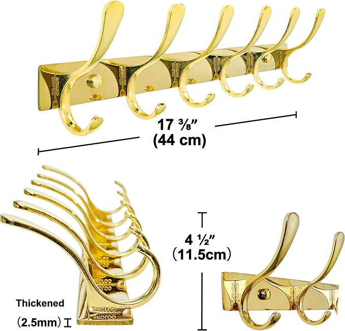 SKOLOO Coat Rack Wall Mounted - 6 Hooks, Pack of 2, Heavy Duty, Stainless Steel, Metal Wall Hangers, Sturdy Coat Hooks for Hanging Coats, Jacket, Clothes, Hat, Bright Gold