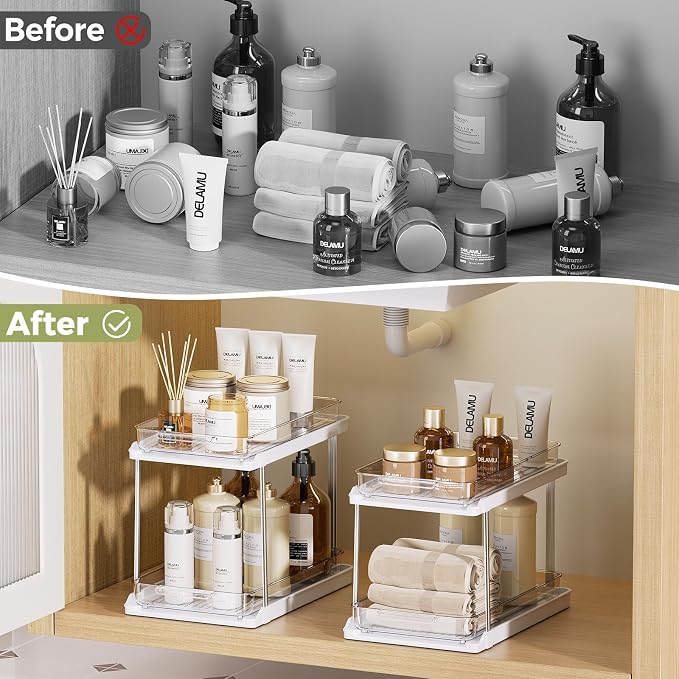 Delamu 2-Tier Bathroom Under Sink Organizers and Storage, Pull Out Cabinet Drawers with Anti-Slip Design, Multi-Purpose Storage for Kitchen, Pantry, Bathroom & Home Organization, White, 2 Pack