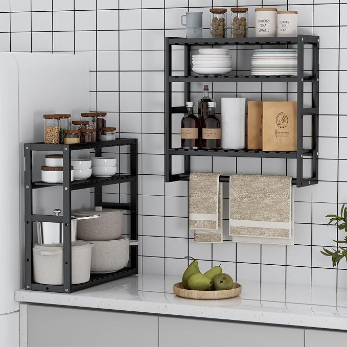 PPN Towel Rack Bathroom Storage Shelves Over The Toilet with Towel Bar 100% Bamboo Adjustable Height Floating Shelf Wall Shower Shelf for Small Space Bathroom Kitchen Multi Usage (Black-1Pack)
