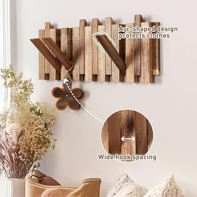 Wall Coat Rack for Entryway: Folding Wood Rustic 8 Hooks | 16.5inch Piano Hanger for Small Space Bathroom Hallway for Towel Backpack Jacket - Farmhouse Design Decor (Staggered Style)