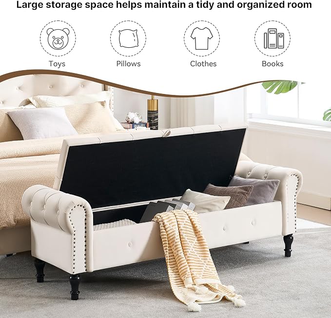 Storage Bench 67" Velvet End of Bed Benches Cream Beige | King Size Storage Bench for Bedroom with Rolled Arms Tufted Ottoman Benches Upholstered Bench for Living Room Entryway