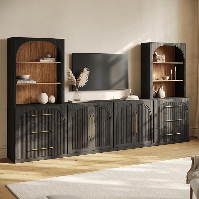 BELLEZE 6-Piece Modular TV Stand Set - 2 Sideboards with Drawers, 2 Double-Arc Wood Door Sideboards, and 2 Hutch Cabinets, Classic Modern Media Console with Adjustable Shelves for Living Room (Ebony)