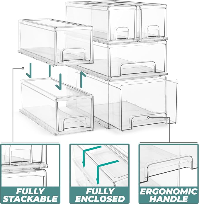 Sorbus Small Wide Clear Stackable Storage Drawers – 2-Pack Plastic Organizer Bins with Handles – Stackable Pull-Out Storage Drawers for Closet, Pantry, Office, Bathroom, Craft, and Toy Organization