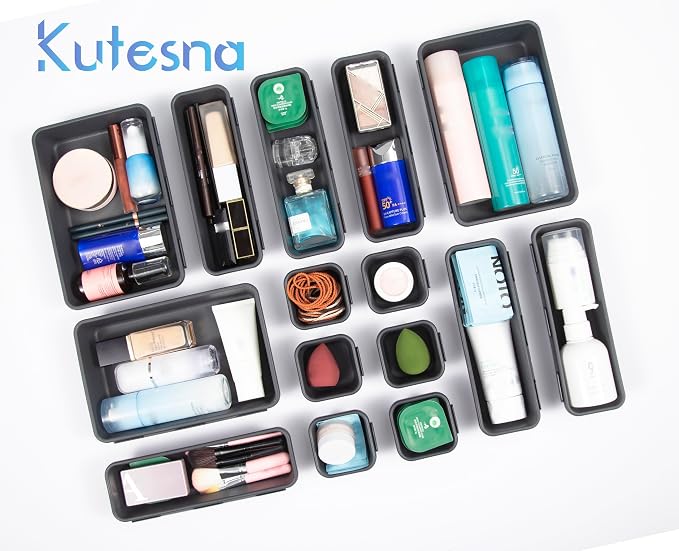 Kutesna 25PCS Interlocking Drawer Organizer, Plastic Desk Organizer Set | 4-Size Versatile Storage Bins,BPA-free, Non-slip, Fits Any Drawer for Cosmetics, Bathroom, Tools, Kitchen and Office