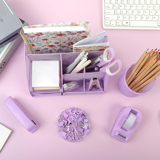 SKYDUE Purple Office Supplies, Purple Desk Organizer for Kids, Mesh Desk Organizer, Stapler, Tape Dispenser, Scissors, Binder/Paper Clips and 1000pcs Staples, Girls Desk Accessories