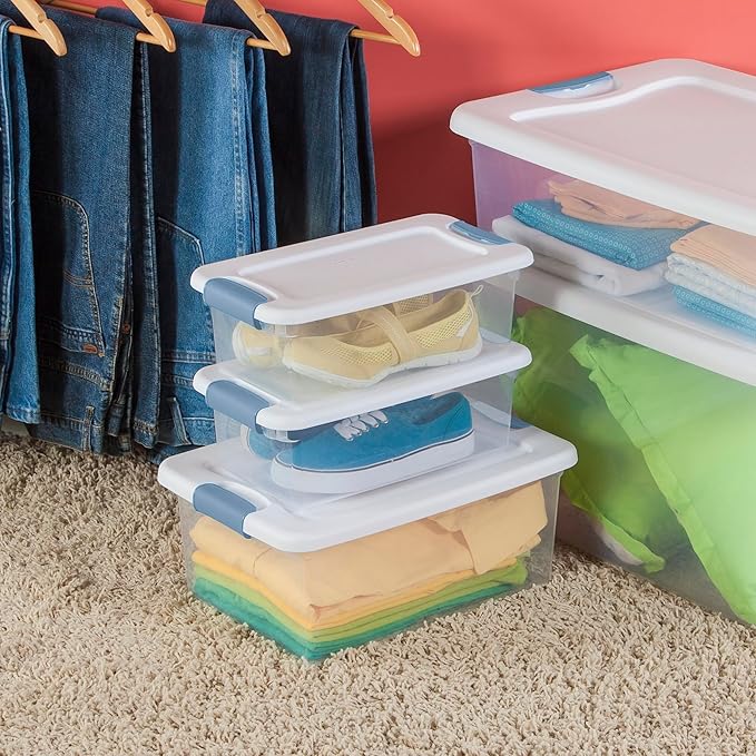 Sterilite 15 Qt Latching Storage Box, Stackable Bin with Latch Lid, Plastic Container to Organize Closet Shelf, Clear with White Lid, (Pack of 12) | Heavy-Duty and Stackable Plastic Containers with Latches for Closet, Cabinet, Bedroom, Bathroom and Dor...