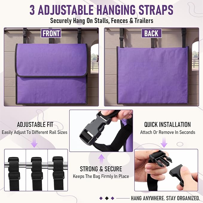 Horse Blanket Storage Bag for Fly Sheets,Purple,23 x 19 x 9 in | 600D Waterproof Oxford Tack Organizer, Heavy Duty Hanging Horse Blanket Holder, Stall Front Storage Bag for Horse Blankets