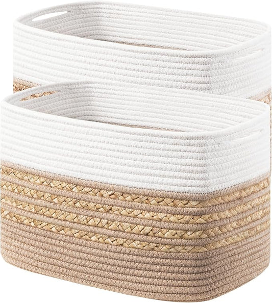 UBBCARE 2 Pack Baskets for Organizing, Woven Storage Baskets for Toys and Towel, Rectangle Cotton Rope Basket with Handles, 14''L x 8''W x9''H, Brown