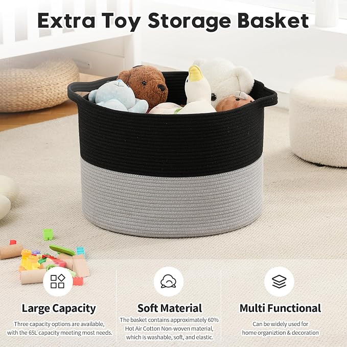 Foldable Laundry Hamper Basket with Collapsible Handle Cotton Rope Soft Woven Fabric Storage Organizer Clothes Toys Nursery Bedroom Dorm Space Saving Bin (Black & Grey, 80L(21.7"D x 13.8"H))