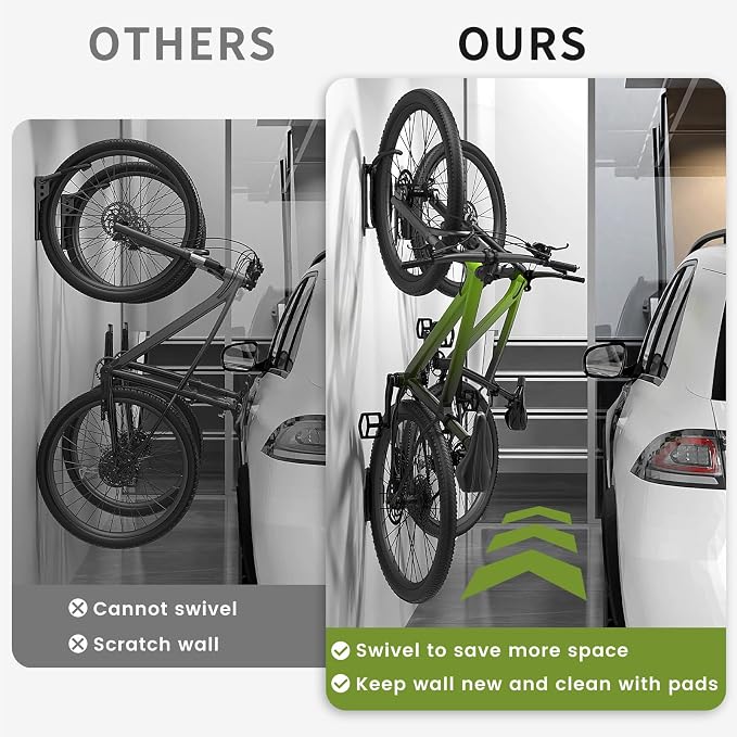 Housolution Swivel Bike Wall Mount [2 Pack], 150° Swivel up to 66lbs, Black | Vertical Bike Rack Wall Hanger, Bike Hangers for Garage, Mountain Bike Wall Mounts, Bicyckle Storage Rack for Garage