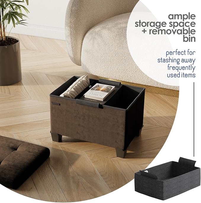Storage Ottoman Cube with Small Bin, 16-in Square Ottoman with Storage for Living Room and Bedroom, Small Ottomans Foot Rest, Velvet Foot Stools Ottomans Max 330lbs, Brown