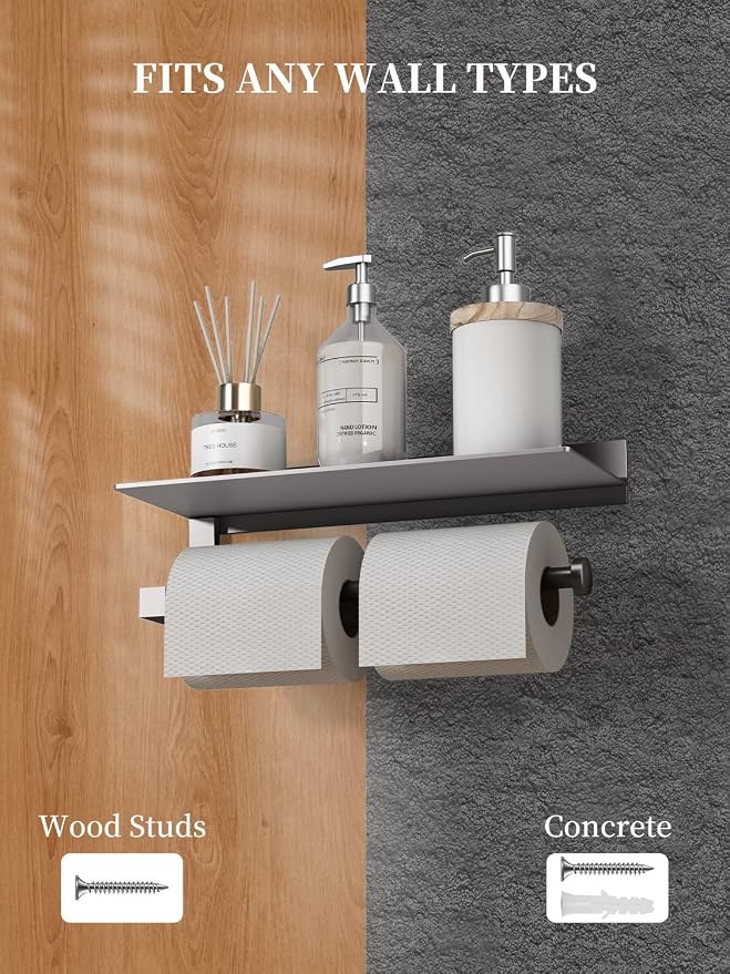 Paper Towel Holder Wall Mount - for Bathroom Hand Towel Holder for Bathroom Black Paper Towel Holder with Shelf Grey