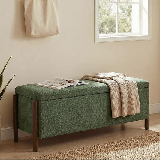 Usaint Wooden Storage Ottoman Bench, 47" Fabric Upholstered End of Storage Bench with Rubberwood Legs, Entryway Bench with Storage for Bedroom, Living Room, Reception, Cloakroom, Green
