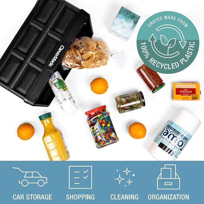 CleverMade Collapsible Storage Bins, 32L 3 Pack, Durable Plastic, Stone | Reinforced plastic handles groceries, tools, and sports gear. Interlocking bins stack open and nest compactly when folded.