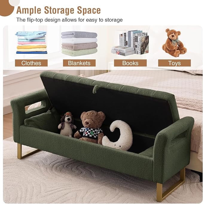 66" Storage Bench for Bedroom Upholstered End of Bed Bench King Size Green | Long Bedroom Benches for Foot of Bed King,Teddy Storage Bed Bench with Gold Legs,2 Pillows for Entryway Windows Cloakroom