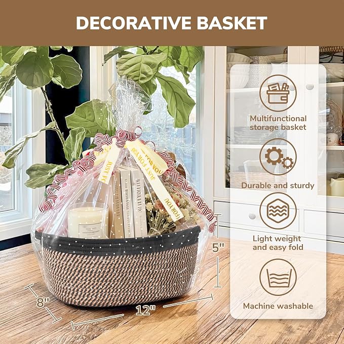 CHICVITA Small Wicker Basket with Bags & Ribbon for Gifts, Black & Jute | 12"x 8"x 5" Gift Basket Empty to Fill for Toys Snacks, Rope Baskets for Storage, Cute Basket for Dogs Cats