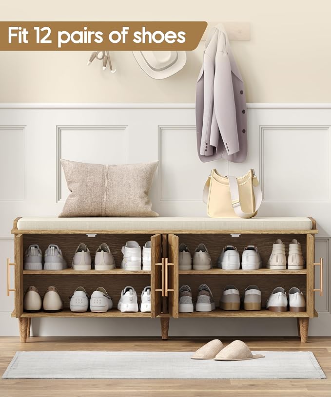 Akxomel 47.2" Rattan Shoe Storage Bench 4 Doors Wooden Entryway Bench Oak | 2 Tier Shoe Bench with Padded Cushion, Adjustable Shelves and 4 Doors, Solid Wood Legs, for Hallway, Living Room, Bedroom