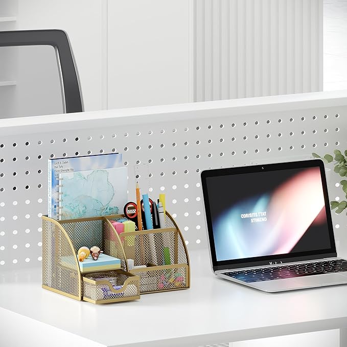 EasyPAG Mesh Desk Organizer with Drawer Multi-functional Pen Holder Stationery Organizer for Office School Supplies 6 Compartments Dorm Organizers and Storage for Desk, Gold