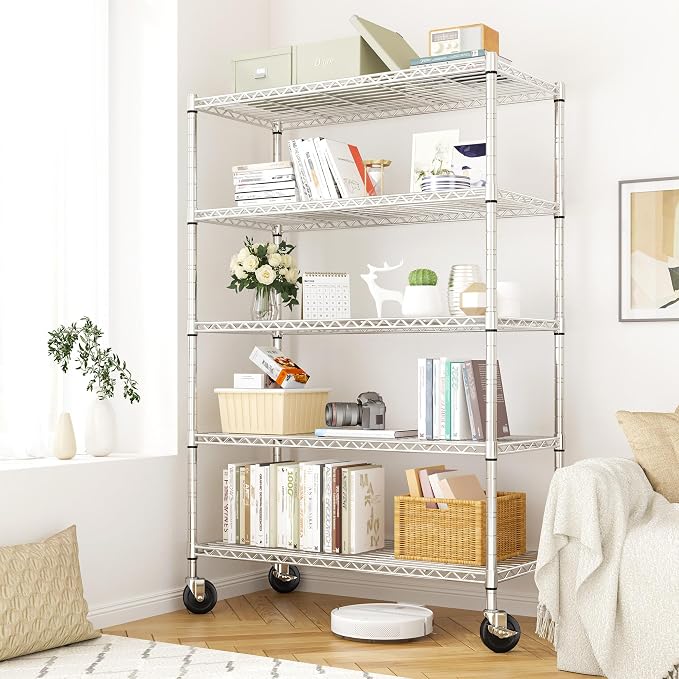 REIBII 72.8" Wire Shelving with Wheels,5 Tier 1653LBS Heavy Duty Shelves | Chrome rolling rack, 331 lbs/shelf, 5-tier, lockable wheels, rust-proof, adjustable height, tool-free, garage, kitchen