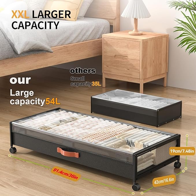 Under Bed Storage Containers with Wheels Large Underbed Shoes Blankets Clothes Toy Storage Drawers for College Dorms Bedrooms Nursery Rooms Organization (Black 1 Pack, 7.5in height(36"x16.6"x7.48"))