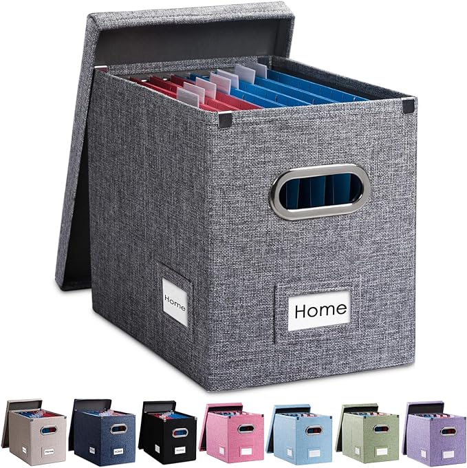 File Organizer Box - Set of 1 Collapsible Decorative Linen Filing Storage Hanging File Folders with Lids Office Cabinet Letter Size Grey (14x9.3x10.8 inch)