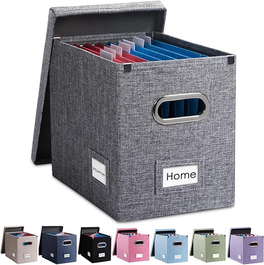 File Organizer Box - Set of 1 Collapsible Decorative Linen Filing Storage Hanging File Folders with Lids Office Cabinet Letter Size Grey (14x9.3x10.8 inch)