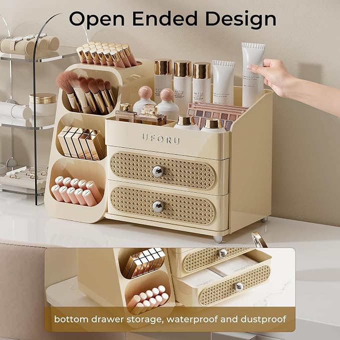 UFORU Makeup Organizer Countertop with Brush Holder for Vanity Bathroom | Large Capacity, Thickened Plastic, 2 Rattan Drawers, Compact Size, Detachable Brush Holder, Divided Compartments, Easy Access