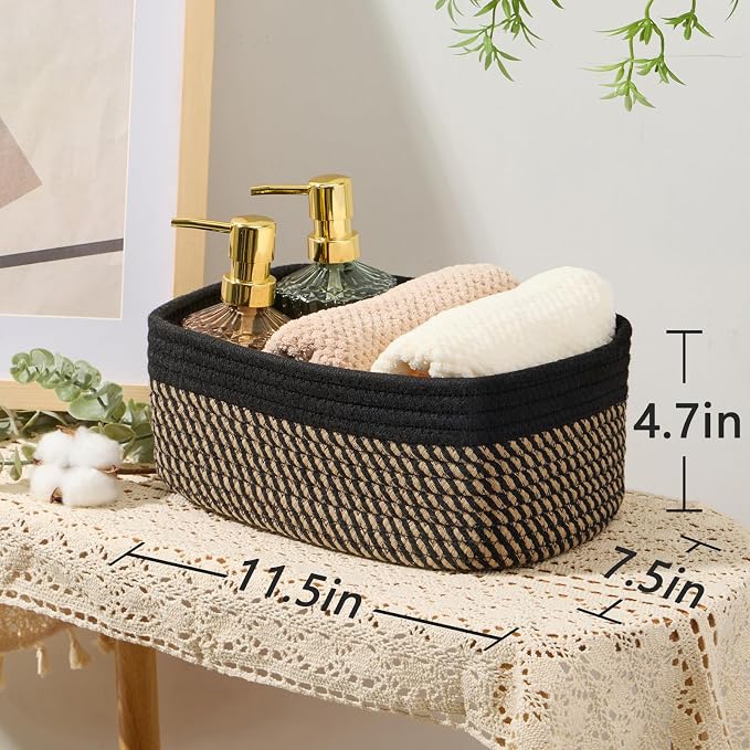 MiniArk Small Storage Baskets for Organizing | Closet Organizer Bins | Shelf Toy Basket | Woven Rope Baskets | Cube Decorative Box | Shallow Basket | 11.5x7.5x4.7” | 4 Packs Black Brown